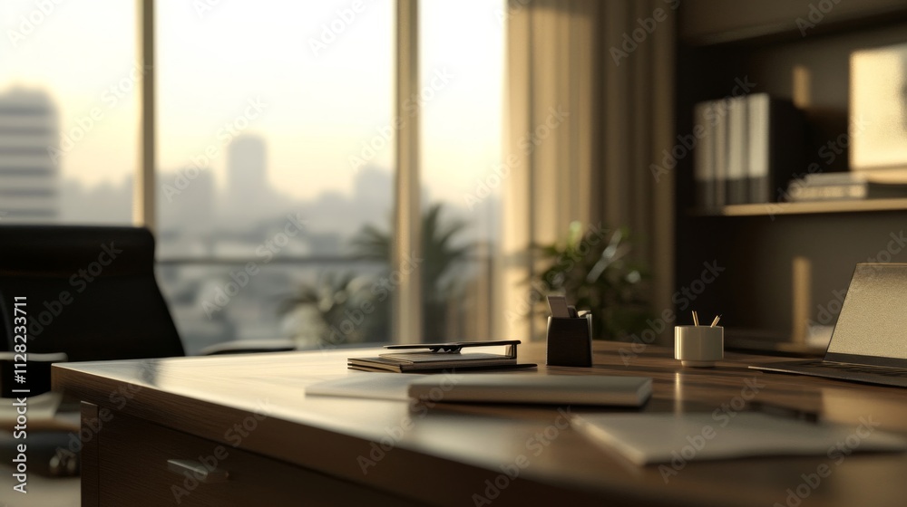Modern Office Desk With City View Sunset Modern Office Desk With City View Sunset