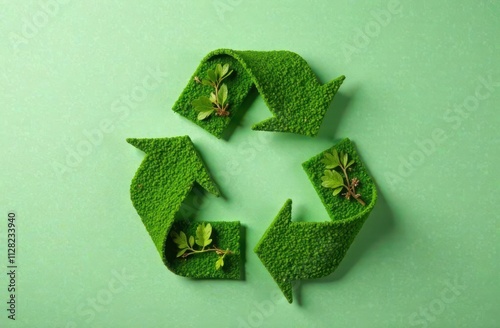 recycling symbol created from green plants on a soft green background photo