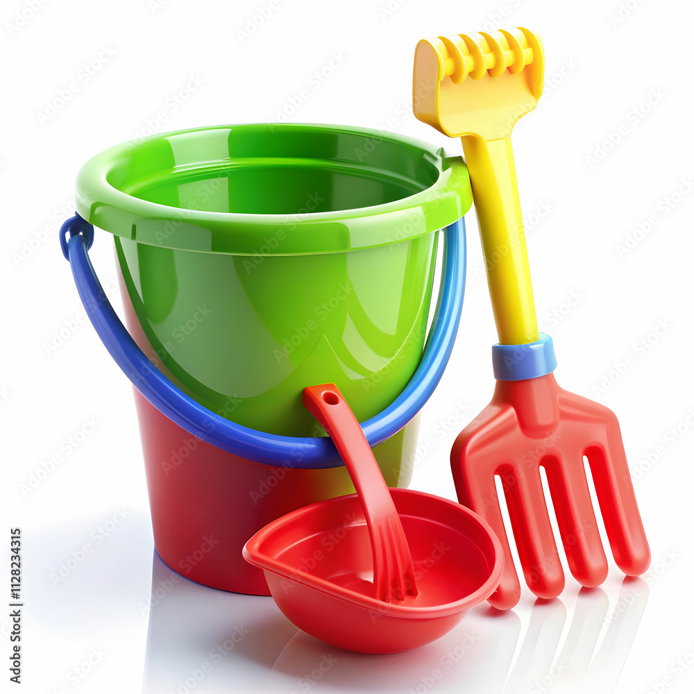 Baby Toy Bucket with Shovel and Rake Isolated Baby Toy Bucket with Shovel and Rake Isolated