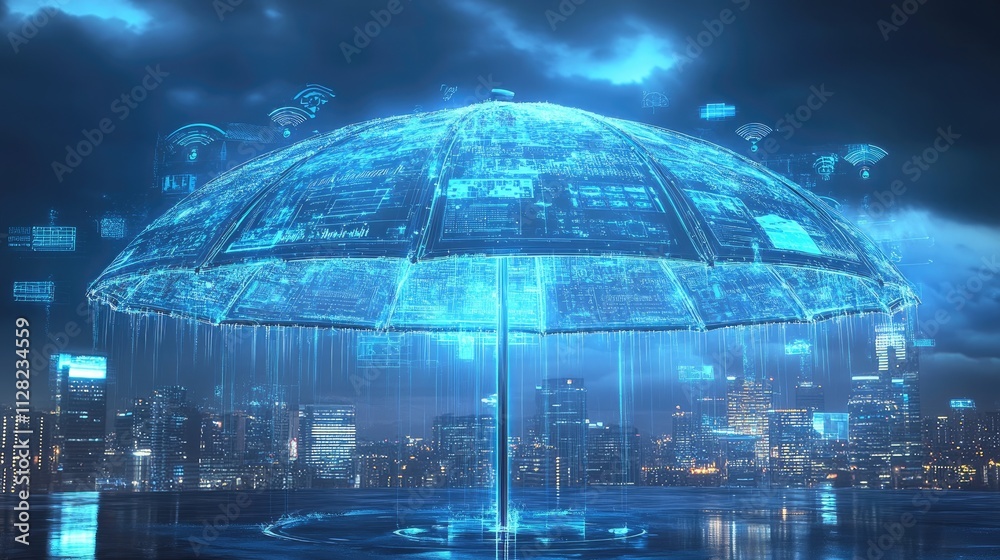 Fototapeta premium A futuristic, glowing umbrella structure in a high-tech cityscape with digital elements.