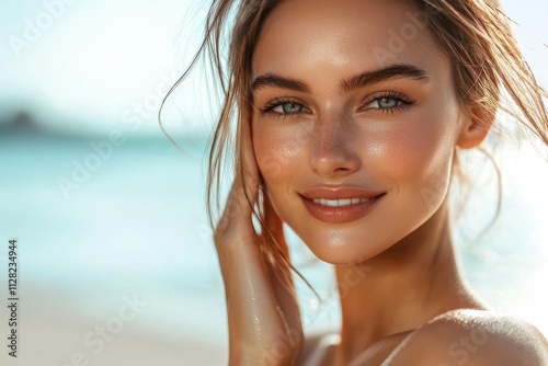 Confident Woman with Enhanced Features Enjoying Beach Day in Sunlit Serenity