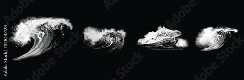 Set of breaking ocean wave isolated on dark background. Surf waves. Water splashes. Black and white illustration	