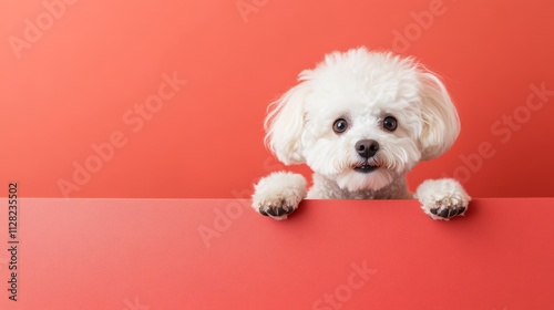 A fluffy Bichon peeks over the edge of a table curiously with its paws hanging off the side. The soft red background creates a cute minimalist scene. photo