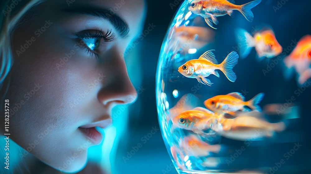 Naklejka premium Young woman with blonde hair leaning near aquarium glass, entranced by colorful cichlids swimming, luminous reflections, intricate detail on fish scales, serene atmosphere