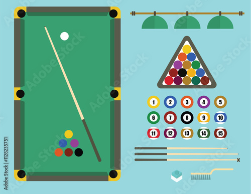 Billiard table with pockets,triangle rack and cue. Snooker billiards,flat icons set,Pool table top view .Vector illustrations.