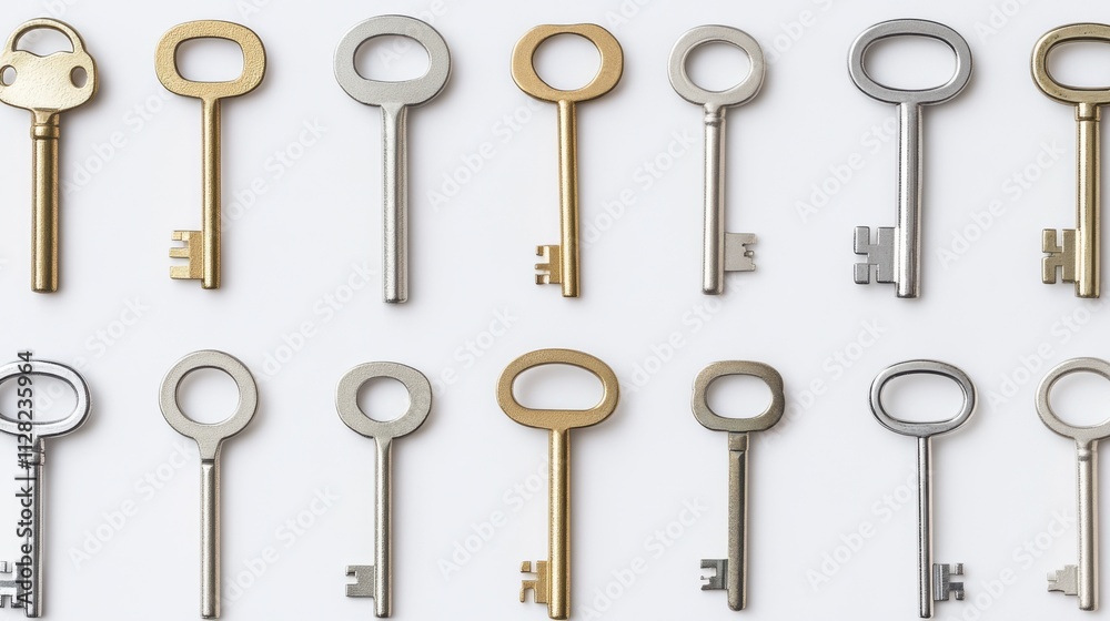 A set of diverse keys forming a cohesive pattern, Symbolizing the unlocking of potential through diverse contributions, minimalist composition A set of diverse keys forming a cohesive pattern, Symbolizing the unlocking of potential through diverse contributions, minimalist composition