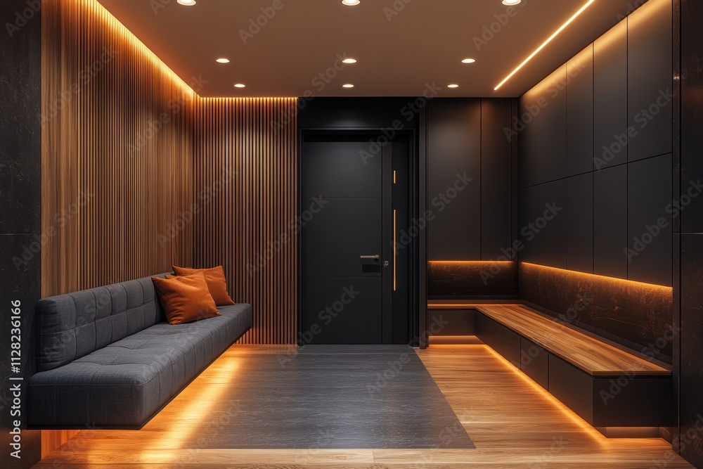 Modern apartment entryway with wooden wall, built-in bench, and ambient lighting. Modern apartment entryway with wooden wall, built-in bench, and ambient lighting.