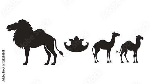 Stylized black silhouettes featuring two camels in profile view on either side, a lion's head with