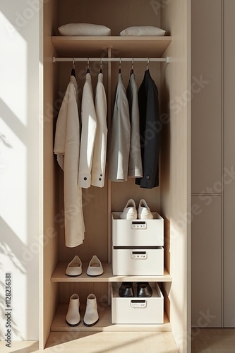 Minimalist closet with neutral clothes and storage, organized living