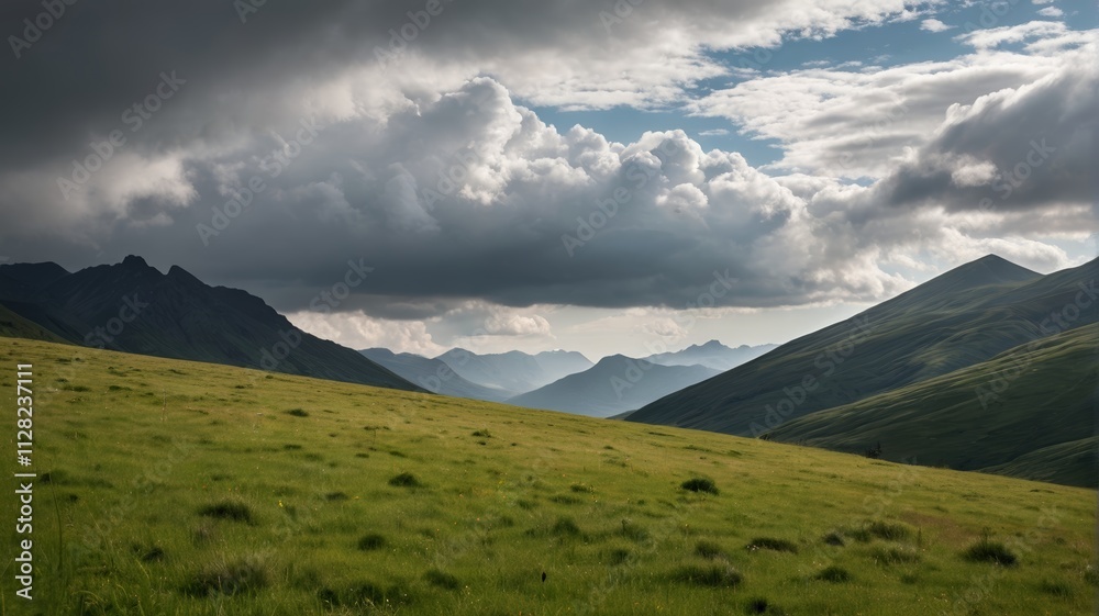 a grassy field with mountains in the background a grassy field with mountains in the background