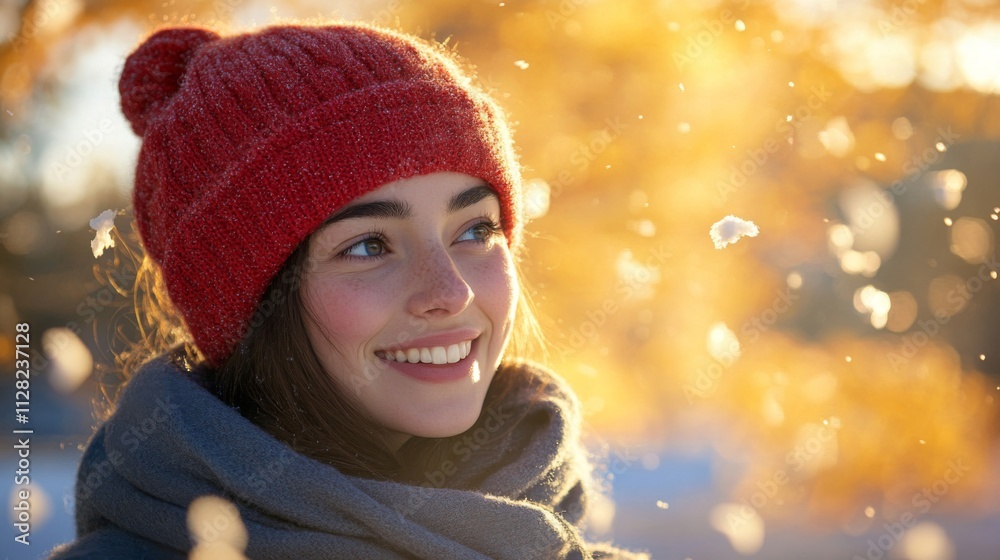 Young Woman Smiles In Red Winter Hat And Scarf Young Woman Smiles In Red Winter Hat And Scarf