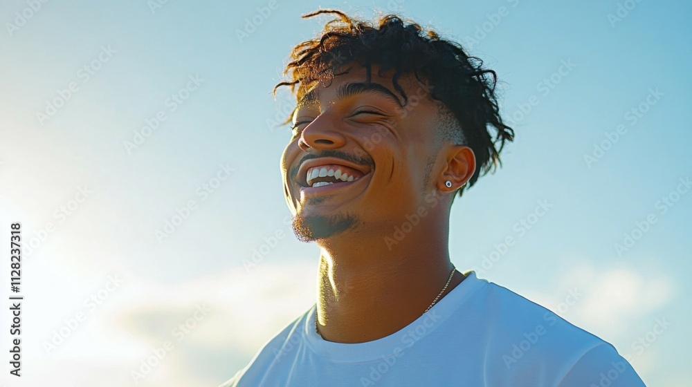 Young Man Smiles Joyfully Under Bright Sky Young Man Smiles Joyfully Under Bright Sky