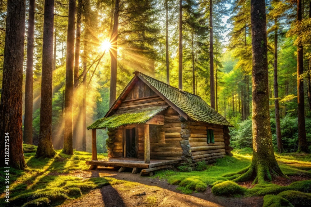 Whispers of history in a sun-drenched clearing: an abandoned rustic cabin, a photographer's urban exploration.