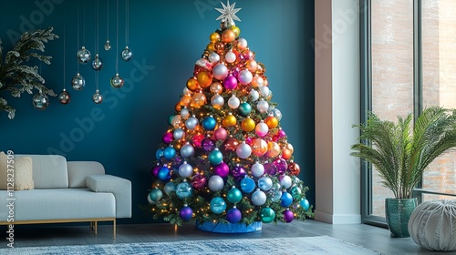 Vibrant, Multicolored Christmas Tree Decorated with Sparkling Ornaments in a Modern Living Room
