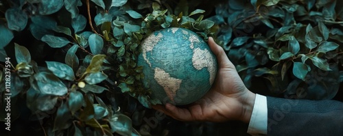 Holding the World's Green Future - Conceptual Image of Hand Holding Globe Covered in Lush Foliage