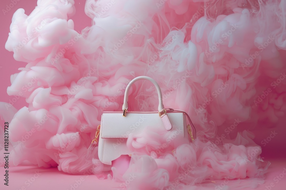 White handbag in studio with pink paper puff of smoke White handbag in studio with pink paper puff of smoke