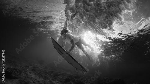 Photography Teen boy surfer dives under the wave with surfing board during sunset