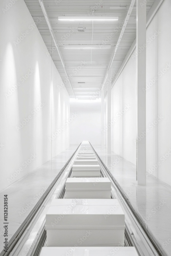 A minimalist factory setup with a single row of pristine white boxes traveling down a silent conveyor belt in an all-white room A minimalist factory setup with a single row of pristine white boxes traveling down a silent conveyor belt in an all-white room