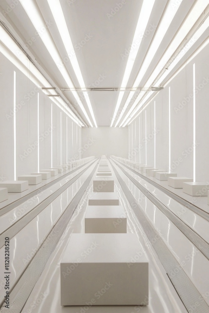 A minimalist factory setup with a single row of pristine white boxes traveling down a silent conveyor belt in an all-white room