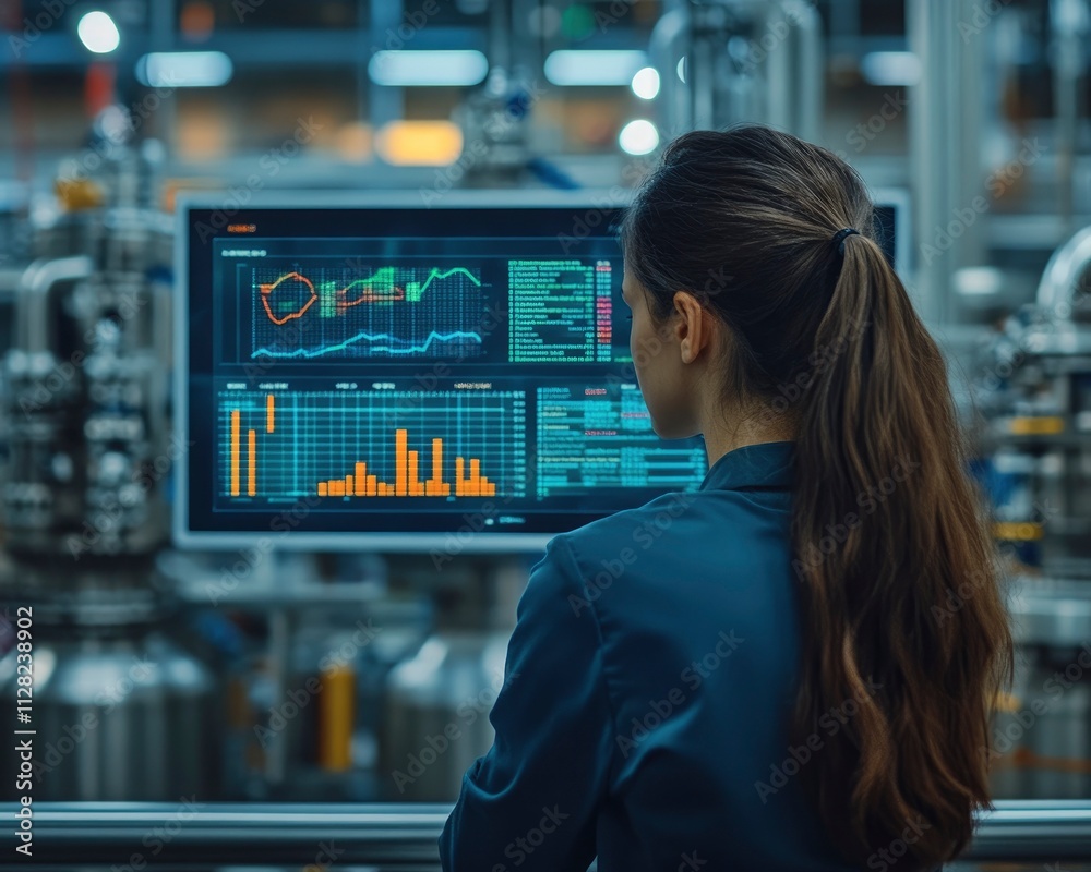 A person analyzes data on a screen in a modern industrial setting. A person analyzes data on a screen in a modern industrial setting.