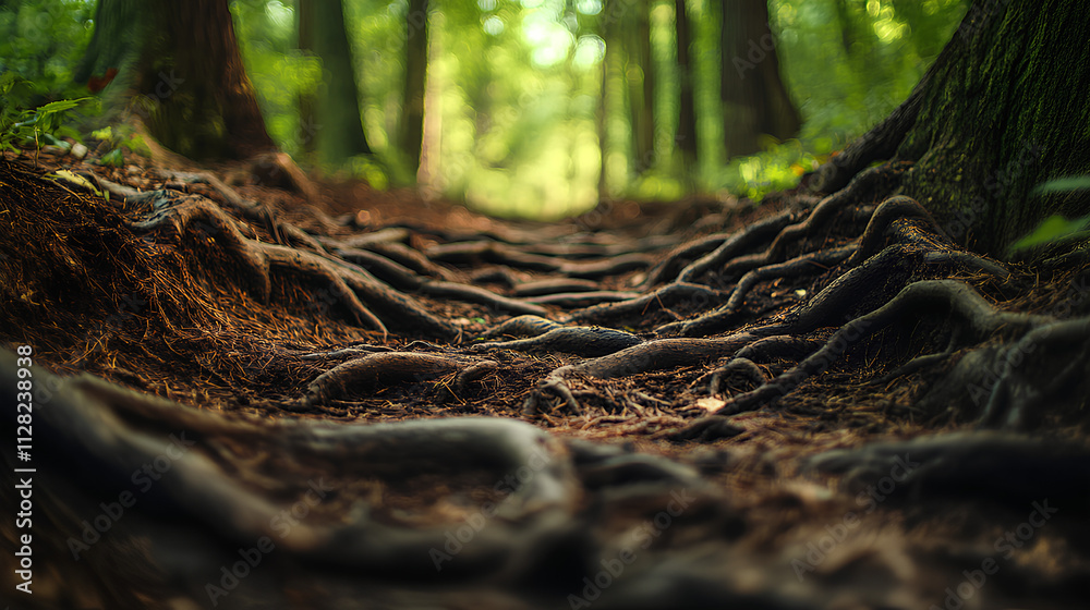 A peaceful forest path surrounded by tall trees with autumn leaves, offering a serene natural landscape in the woods during fall, with green foliage and roots along the trail A peaceful forest path surrounded by tall trees with autumn leaves, offering a serene natural landscape in the woods during fall, with green foliage and roots along the trail