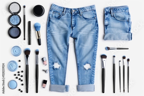 A set of female blue jeans and accessories with makeup on white background photo