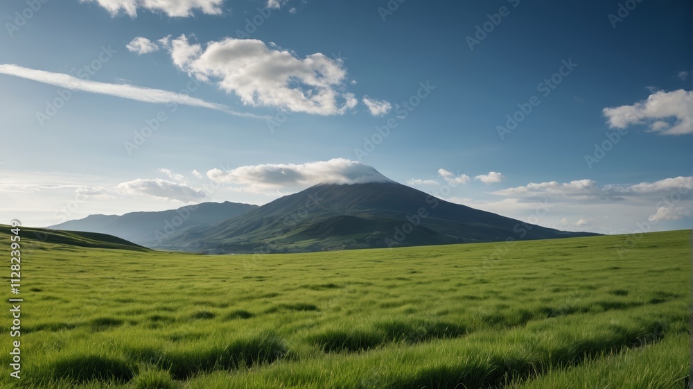 Fototapeta premium a grassy field with a mountain in the background