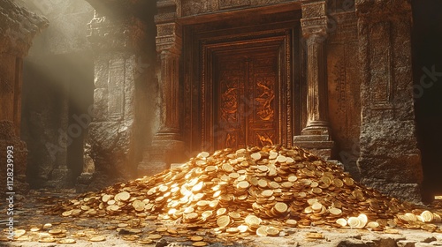 Large Pile of Gold Coins in Front of an Ancient Door in Fantasy Game Concept Art AI generated illustration