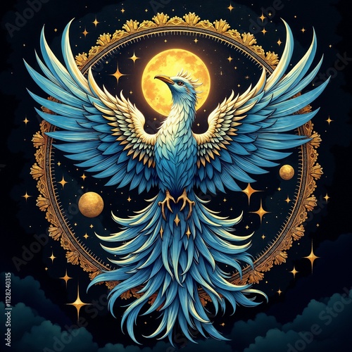 Radiant Phoenix Rising with Celestial Energy Against Cosmic Moon Background photo