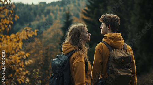 Adventurous Couple Hiking in Scenic Mountain Woods with Earthy Hoodies