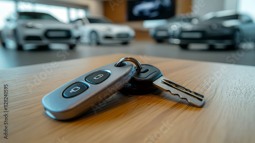 Smart keys from the car is lying on the wooden table in auto showroom. Group of new cars different colors on blurred background. Car auto dealership.