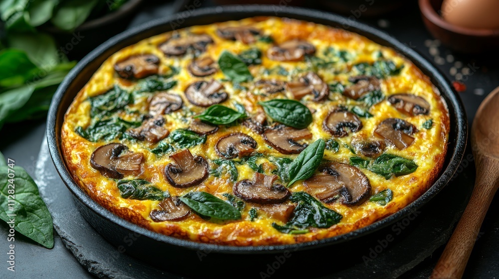 egg frittata with mushrooms and spinach on the table egg frittata with mushrooms and spinach on the table