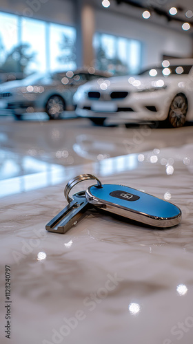 Switch keys from the car is lying on the marble table in car dealer showroom. Group of new cars on a blurred background. Car auto dealership.