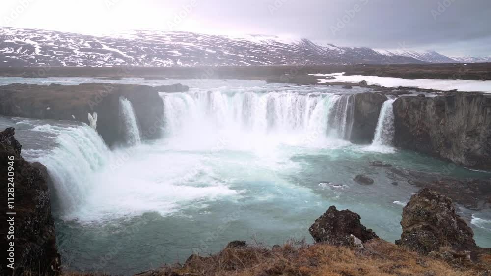 Aerial shots at the Godafoss Waterfall in the north of Iceland Aerial shots at the Godafoss Waterfall in the north of Iceland