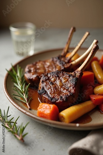 Grilled lamb chops with roasted vegetables, gourmet meal