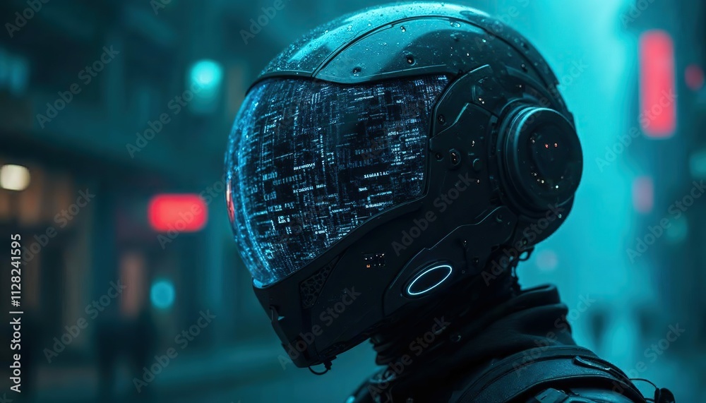 Cyberpunk Helmet: A close-up of a futuristic helmet with a glowing digital display, set against a blurry cityscape. The image evokes a sense of mystery and technological advancement. Cyberpunk Helmet: A close-up of a futuristic helmet with a glowing digital display, set against a blurry cityscape. The image evokes a sense of mystery and technological advancement.