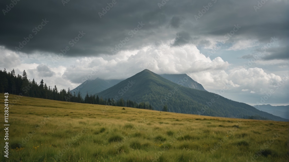 Obraz premium a grassy field with a mountain in the background