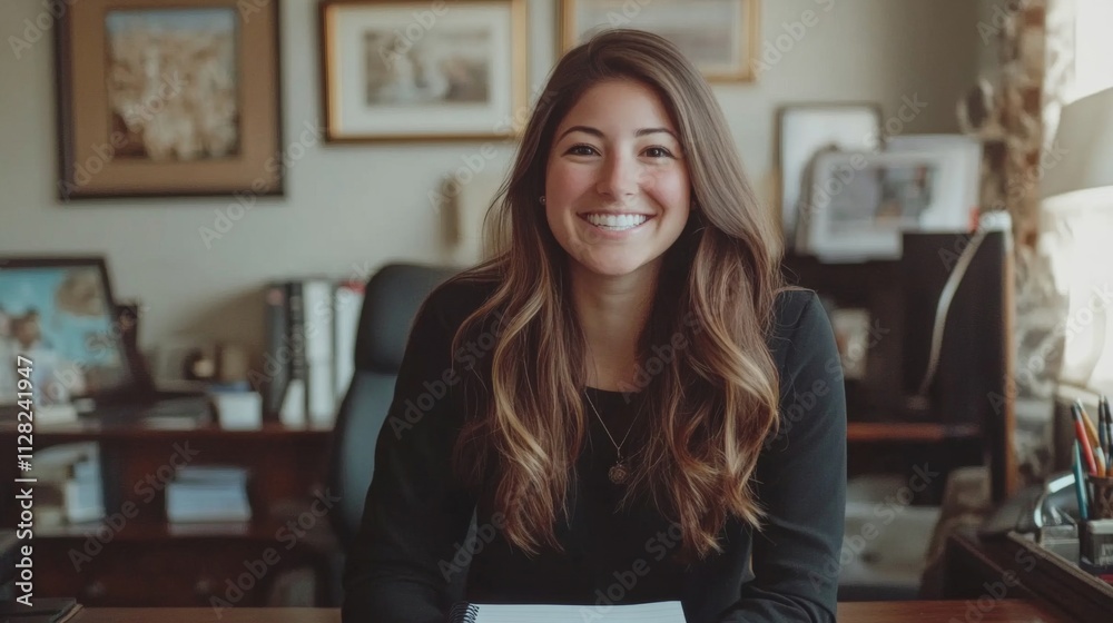 Young Woman Smiles Confidently In Her Office Workspace Young Woman Smiles Confidently In Her Office Workspace