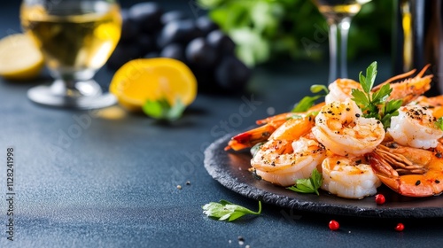fancy seafood and wine in a restaurant. delicious freshness and culinary