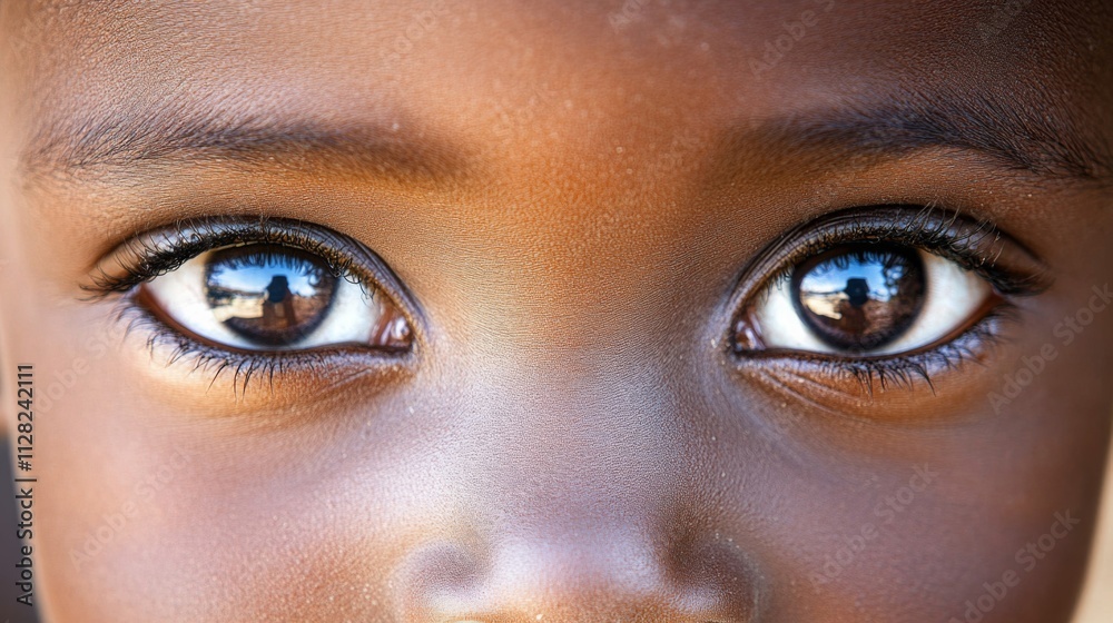 Naklejka premium A childs dark eyes gaze intensely forward