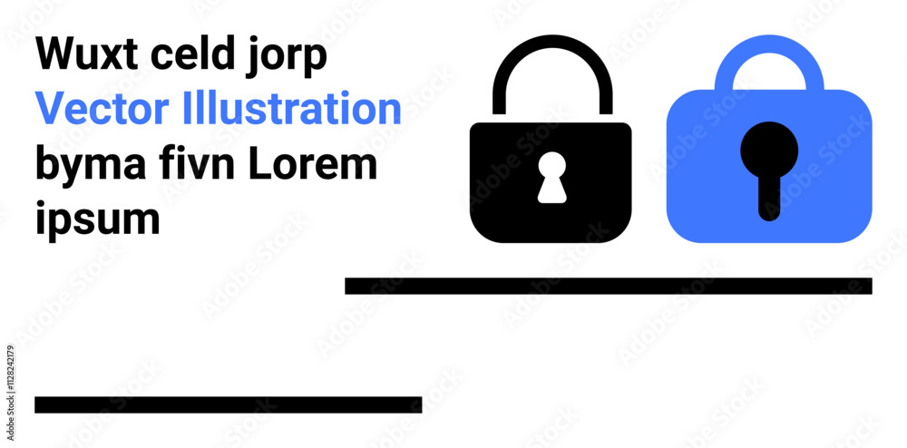 Black padlock and blue padlock, with stylized placeholder text on left and horizontal lines. Ideal for cybersecurity, data protection, privacy policy, access control, authentication, tech products Black padlock and blue padlock, with stylized placeholder text on left and horizontal lines. Ideal for cybersecurity, data protection, privacy policy, access control, authentication, tech products