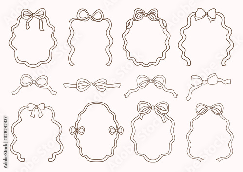 Whimsical Hand-Drawn Ribbon Bow Frame Outline. Vector Illustration