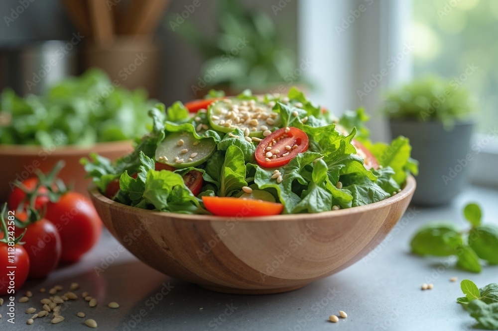 Fresh green salad with tomatoes in wooden bowl, healthy eating Fresh green salad with tomatoes in wooden bowl, healthy eating