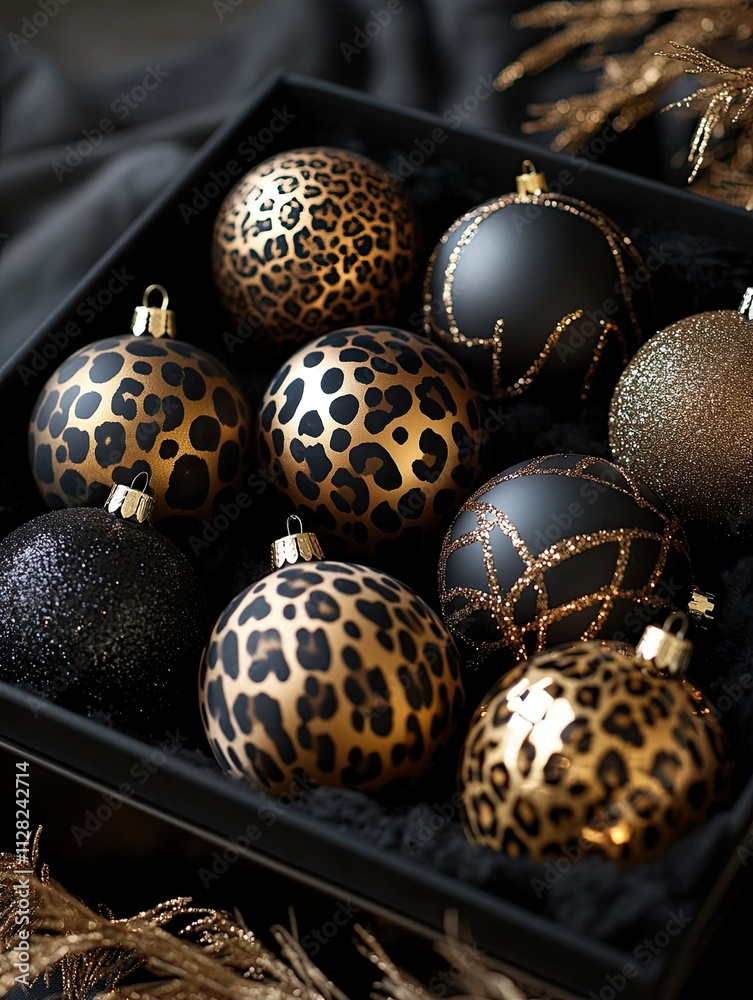 Black and Gold Leopard-Print Christmas Ornaments in Elegant Box Black and Gold Leopard-Print Christmas Ornaments in Elegant Box