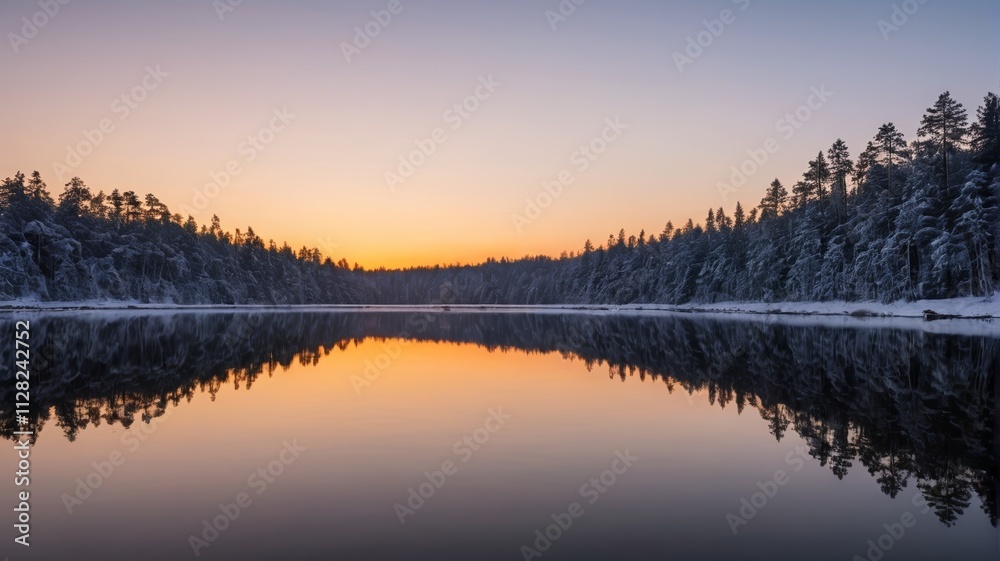 Obraz premium a lake with trees and snow on the ground