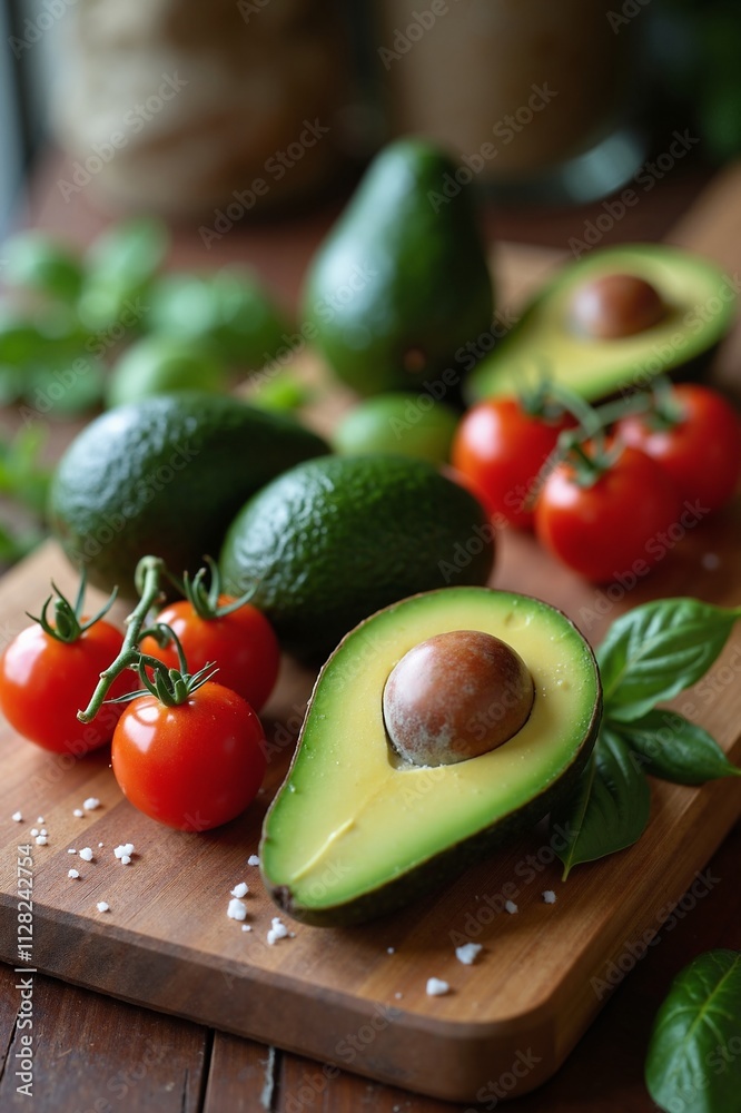 Fresh avocados and tomatoes on wooden board, healthy ingredients Fresh avocados and tomatoes on wooden board, healthy ingredients