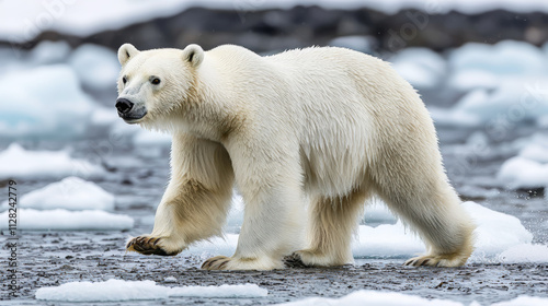 White polar bear is running on ice with snow. Effects of climate change. Global warming. Environmental disaster. Wildlife nature. Northern landscape.