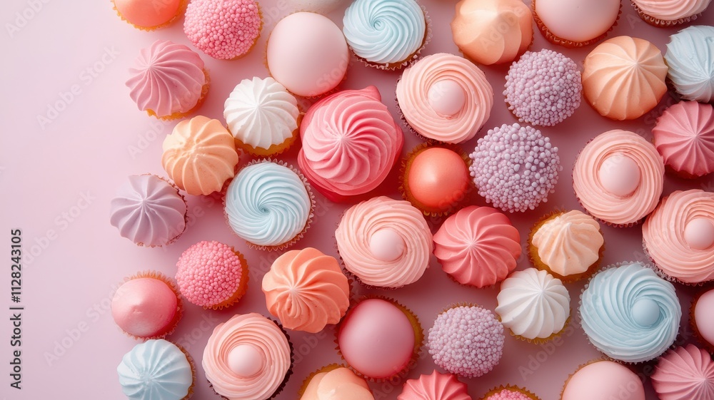Delightful assorted mini cupcakes featuring beautiful pastel frosting gradients in a charming display. Delightful assorted mini cupcakes featuring beautiful pastel frosting gradients in a charming display.
