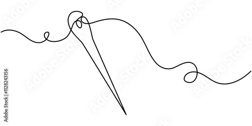 Continuous linear needlepoint pattern. Single line tailor's needle mark. Tailor's sign template. Vector editable linear illustration, Needle continuous one line drawing pro vector illustration, Sewing