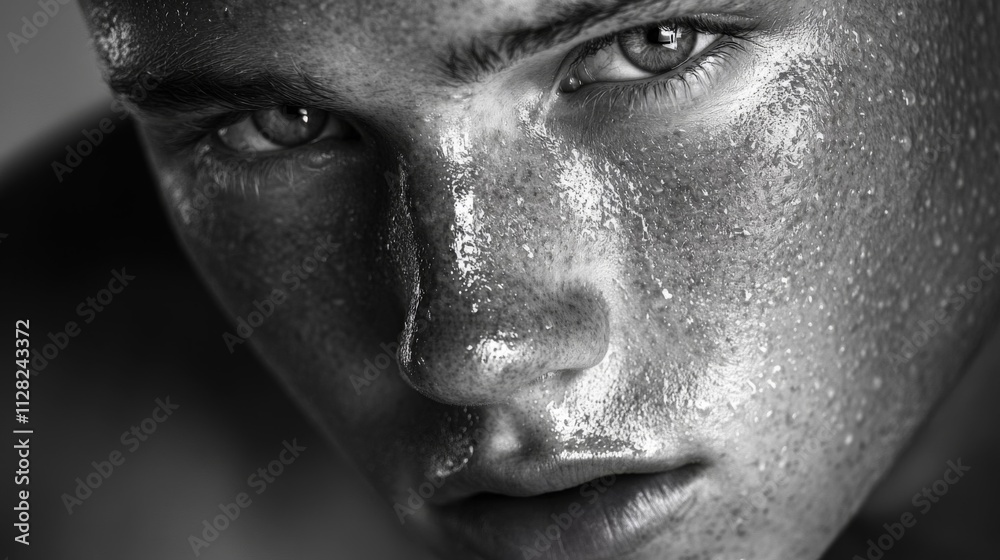 Naklejka premium A Sweaty Young Mans Face Close Up Portrait